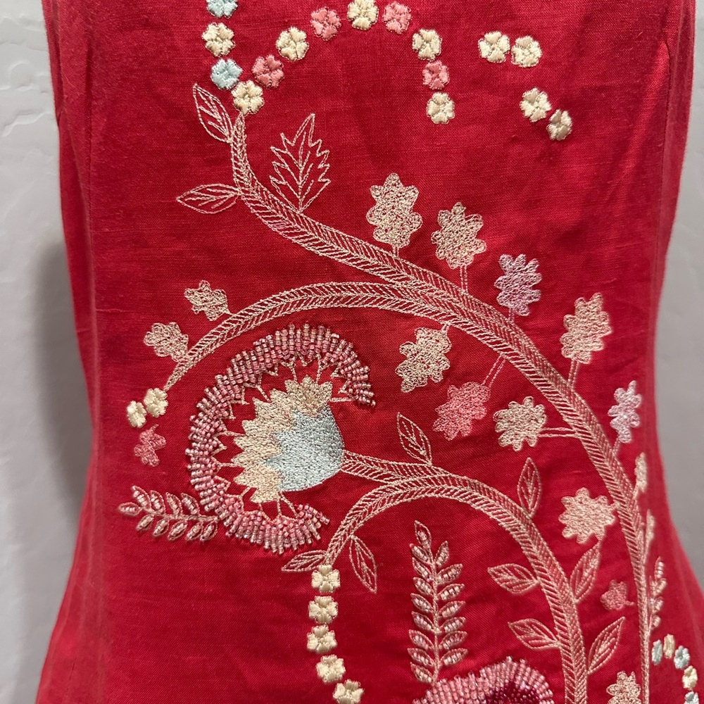 French Connection deep coral Midi Dress with pink and White Embroidery - Picture 2 of 7